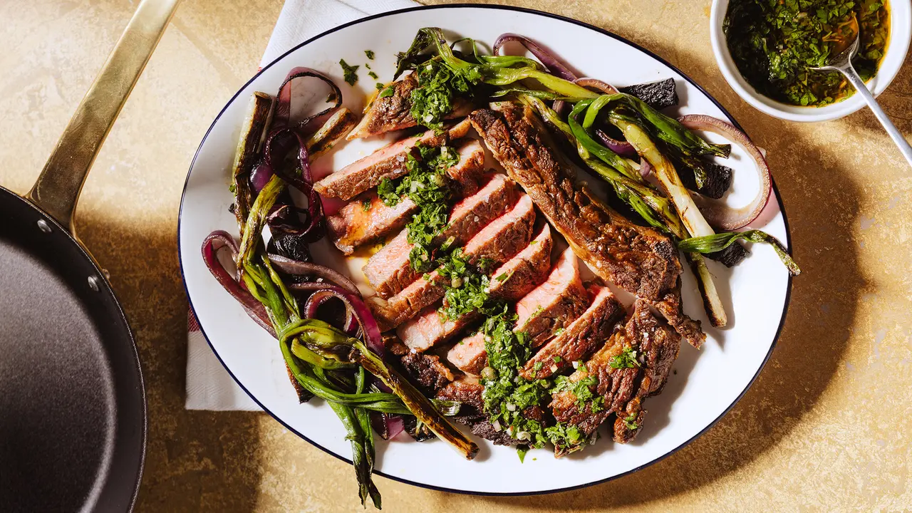 Rib Eye with Portobello Mushrooms and Salsa Verde