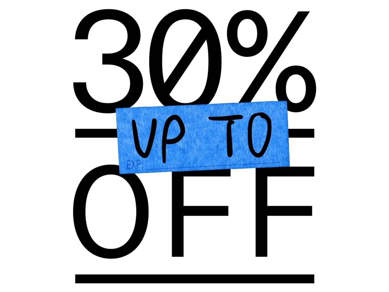 A promotional graphic with text "30% UP TO OFF," where "UP" is corrected with a blue strip of paper with handwritten "VP."