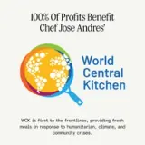 A colorful logo for World Central Kitchen, highlighting that 100% of profits benefit Chef José Andrés' efforts to provide fresh meals during various crises.
