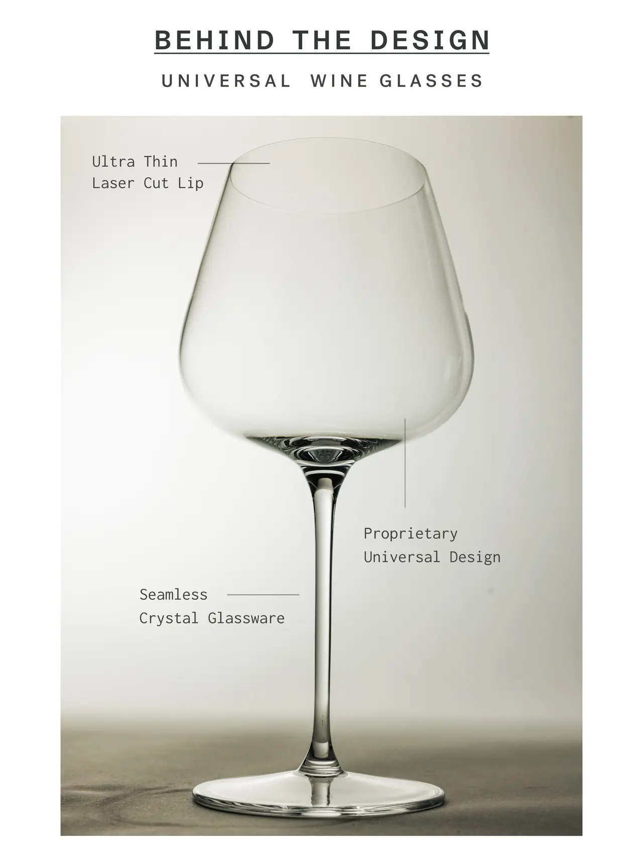 An elegant wine glass is showcased with annotations describing its design features, such as an "Ultra Thin Laser Cut Lip," "Seamless Crystal Glassware," and "Proprietary Universal Design."