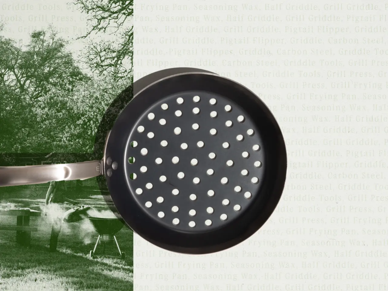 A black spatula with numerous round holes is superimposed over a faded background that combines nature and text elements.