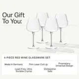 A promotional graphic showcases a 4-piece red wine glassware set, highlighting features such as being made in Germany, lead-free, dishwasher safe, and designed with a thin laser cut lip.