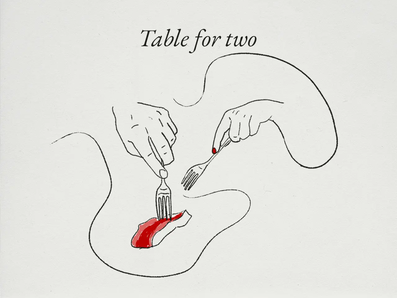 A minimalist drawing depicts two hands with utensils ready to eat from a single plate with a red high-heeled shoe on it, titled "Table for two."