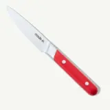 A kitchen knife with a red handle and the brand name "made-in" on the blade is shown against a plain white background.