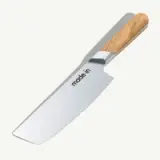 A chef's knife with a wooden handle and the brand name "made.in" printed on the blade.