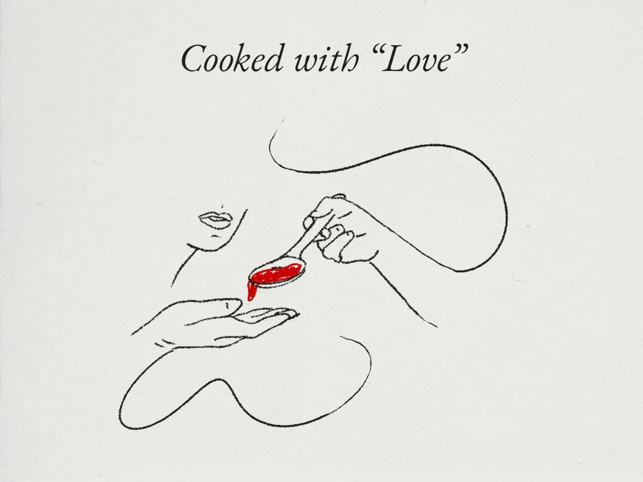 A minimalist line drawing depicts a spoon being held over a hand with the caption "Cooked with 'Love'" and a touch of red color highlighting what appears to be a spoonful of food.