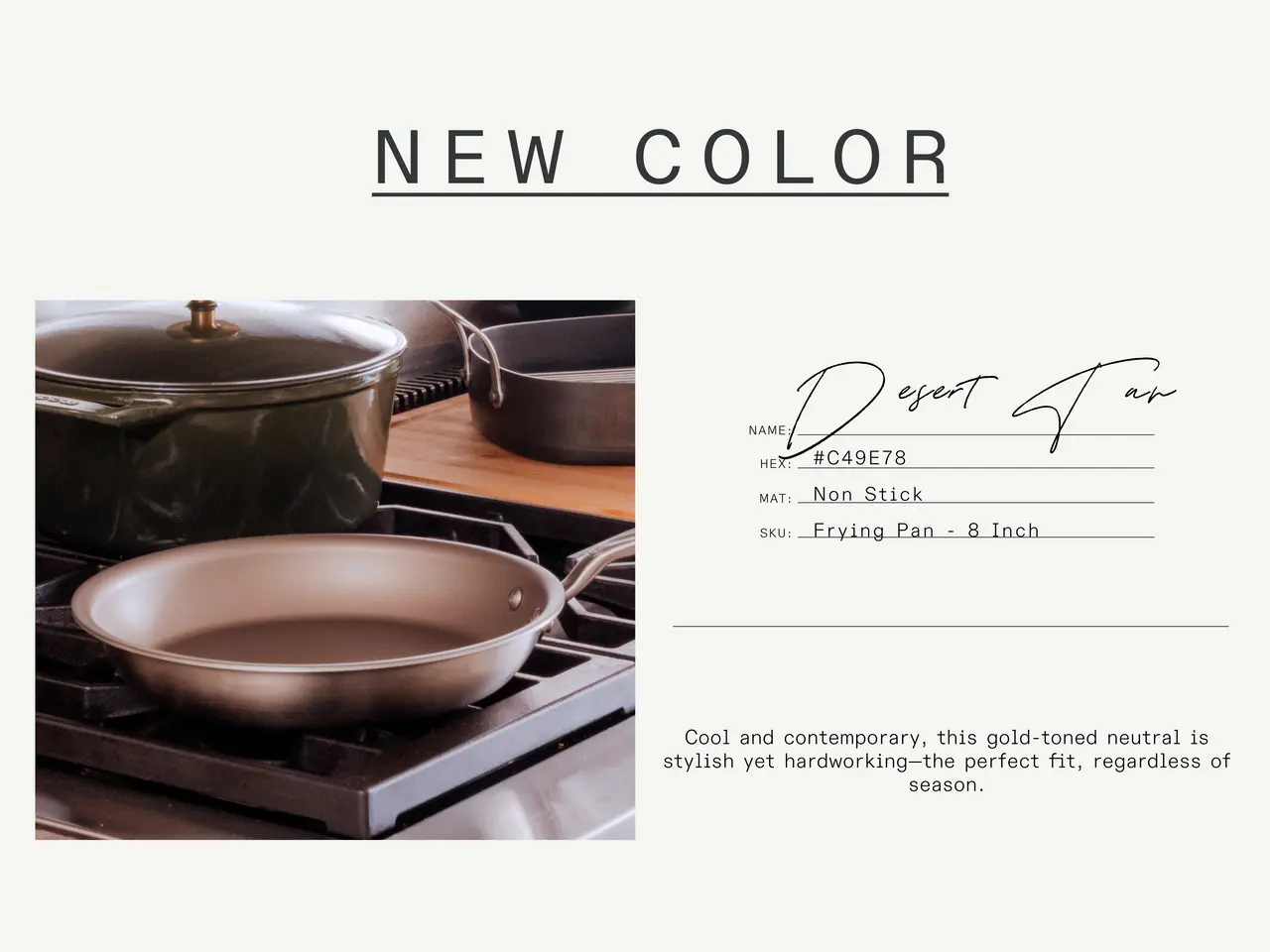 An advertisement image featuring a new color option for a non-stick frying pan, showcasing the pan's details and description, presented on a kitchen stove setting.