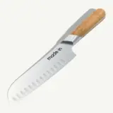 A kitchen knife with a wooden handle and the brand name "made•in" displayed on the blade.