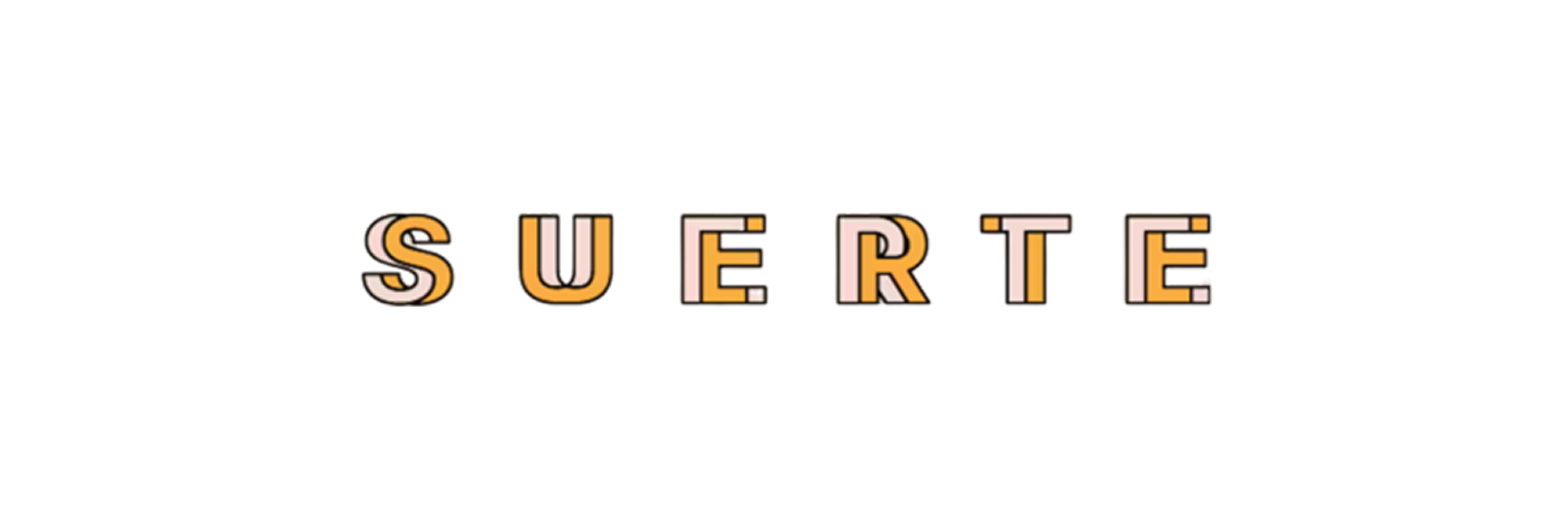 Colorful letters spell out the word "SUERTE" against a black background.