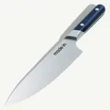 A chef's knife with a dark handle and the words "made in" on the blade is shown against a white background.