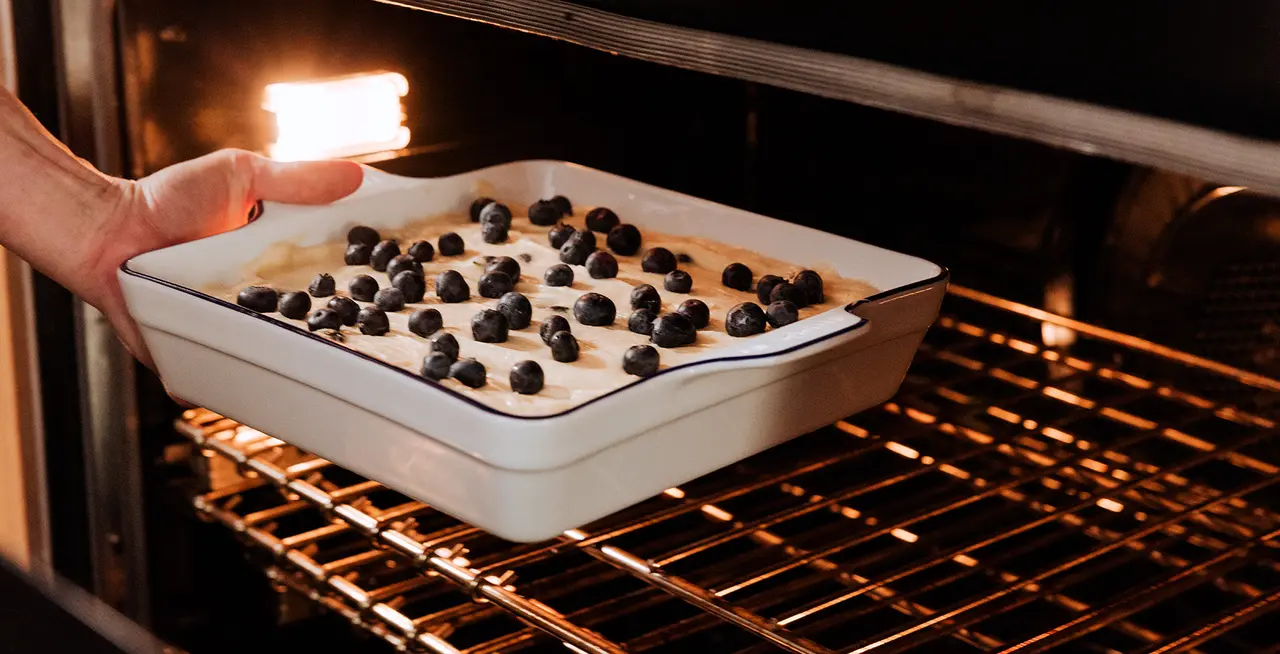 rectangular baking dish in oven