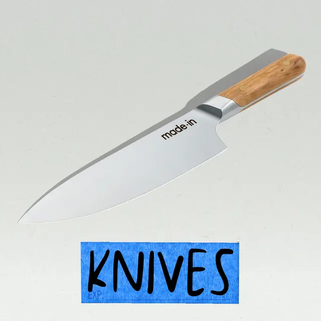 A stainless steel chef's knife with a wooden handle is displayed above a blue label featuring the word "KNIVES" in bold black letters.