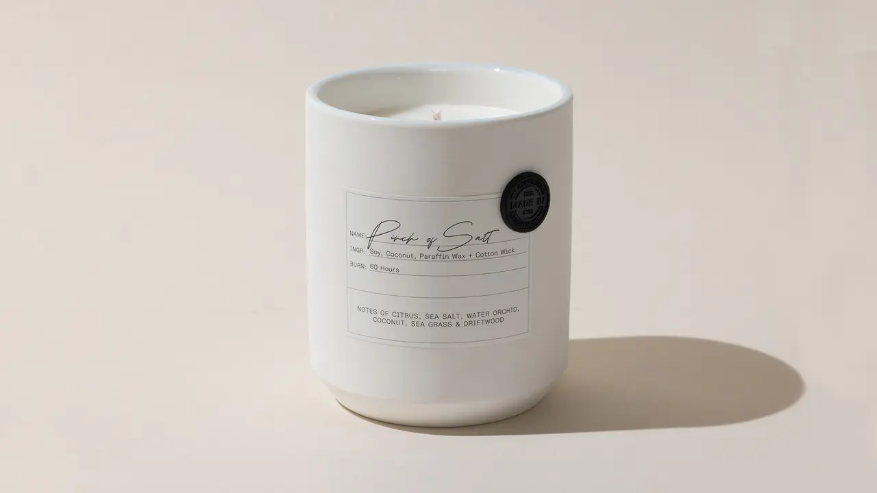 A single white candle with a black wax seal and printed label sits on a neutral background.
