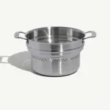 Stainless steel pot with side handles featuring a perforated strainer insert.