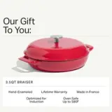 A vibrant red 3.5-quart braiser with a hand-enameled finish, designed for induction, oven safe up to 580°F, and made in France.