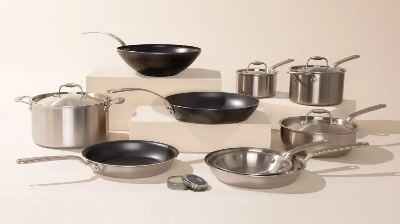 A variety of stainless steel cookware, including pots, pans, and a wok, arranged aesthetically on a neutral background.
