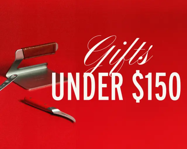 Text stating "Gifts Under $150" is displayed over a red background, accompanied by sleek kitchen tools.