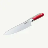 A chef's knife with a red handle and the brand name "made: in" on the blade.