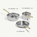A collection of three stainless steel cookware items includes a 3-quart saucier with a lid, a 2-quart saucepan with a lid, and a 10-inch frying pan, all featuring golden handles.