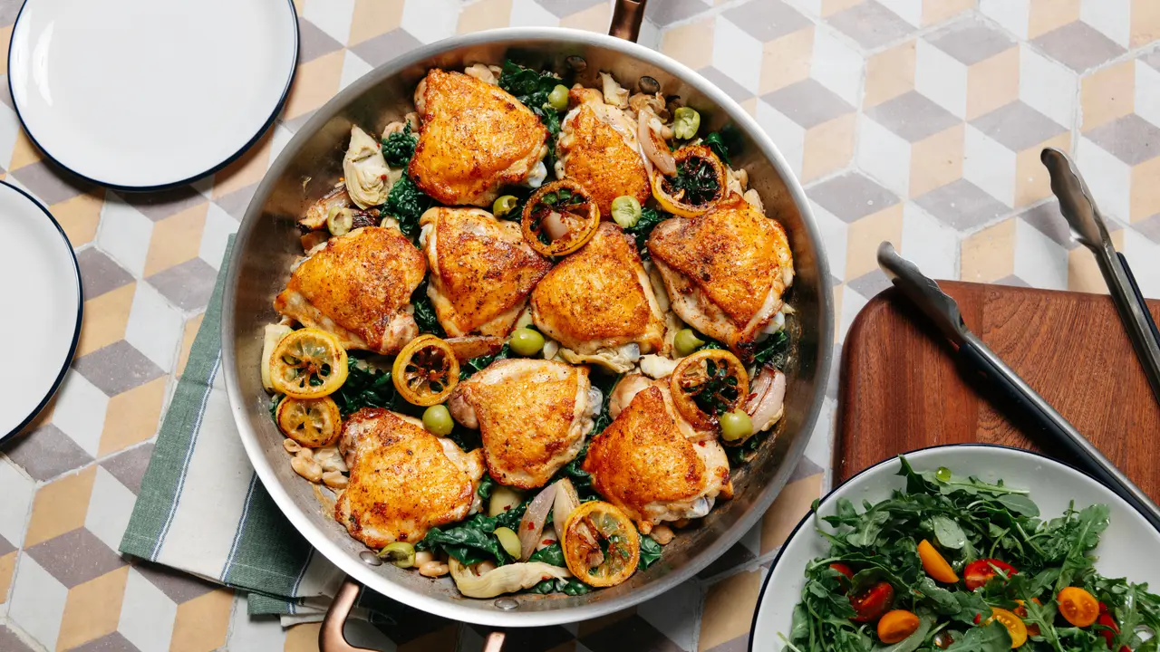 One-Pan Braised Chicken Thighs with White Beans and Greens