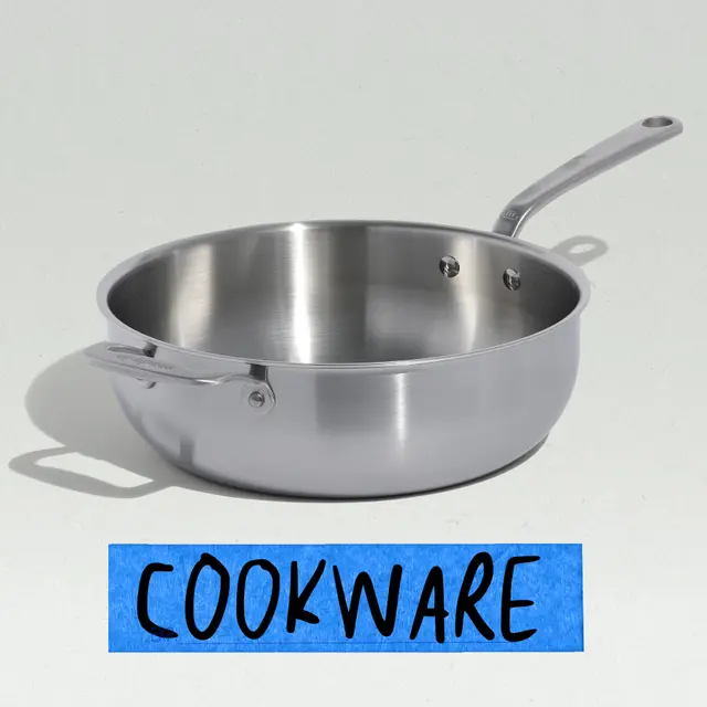 A stainless steel frying pan is shown with a label reading "COOKWARE" beneath it.