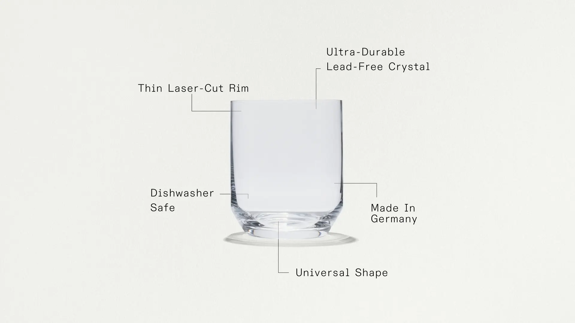 A clear, lead-free crystal glass with a thin laser-cut rim, labeled as dishwasher safe, featuring a universal shape and made in Germany.