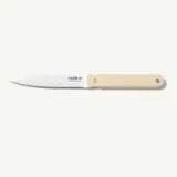 A paring knife with a beige handle and stainless steel blade branded "made-in."