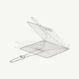 A stainless steel grilling basket is shown, designed for cooking food over an open flame with a hinged design for easy flipping.