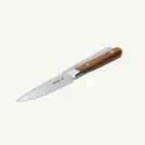 A sharp stainless steel knife with a wooden handle, labeled "MADE IN."