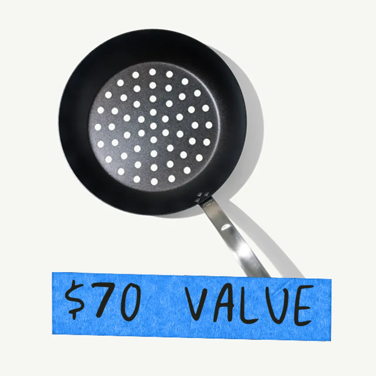 A round black frying pan with holes, accompanied by a blue banner that reads "$70 VALUE."