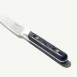 A sleek kitchen knife with a shiny blade and a blue textured handle featuring two gold rivets.