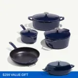 A collection of navy blue cookware, including a large pot, a medium pot, a small saucepan, and a frying pan, is displayed with a label indicating a value of $299.