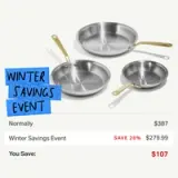 Three stainless steel cookware pieces are displayed with text highlighting a winter savings event, showing a sale price of $279.99 from a normal price of $387 and a savings of $107.