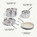 Four pieces of cookware labeled with their capacities, including an 8-quart stock pot, a 4-quart sauce pan, a 3.5-quart sauté pan with a lid, and a 10-inch frying pan.