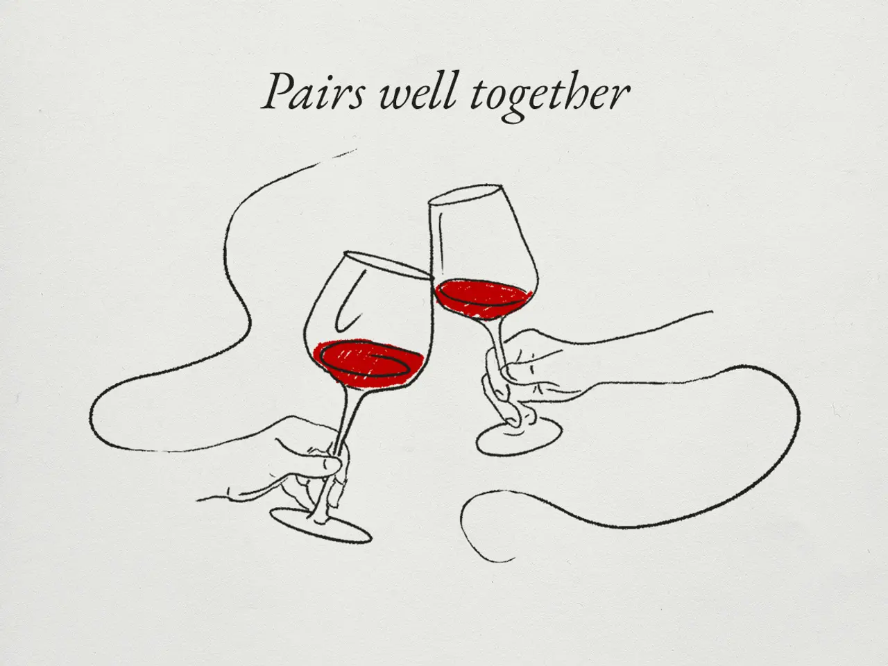 Two hands holding wine glasses in a cheers gesture with the phrase "Pairs well together" written above.