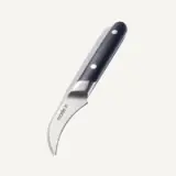 A curved paring knife with a black handle and the brand name "made-in" engraved on the blade.