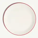 A plain white plate with a thin red border around its edge.