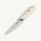 A paring knife with a white handle and the words "Made In" on the stainless steel blade is shown against a plain background.