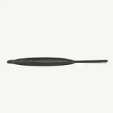 A sleek, black flat spatula with a long handle is displayed horizontally.