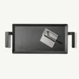 A rectangular griddle with handles on both sides is pictured alongside a metal spatula.