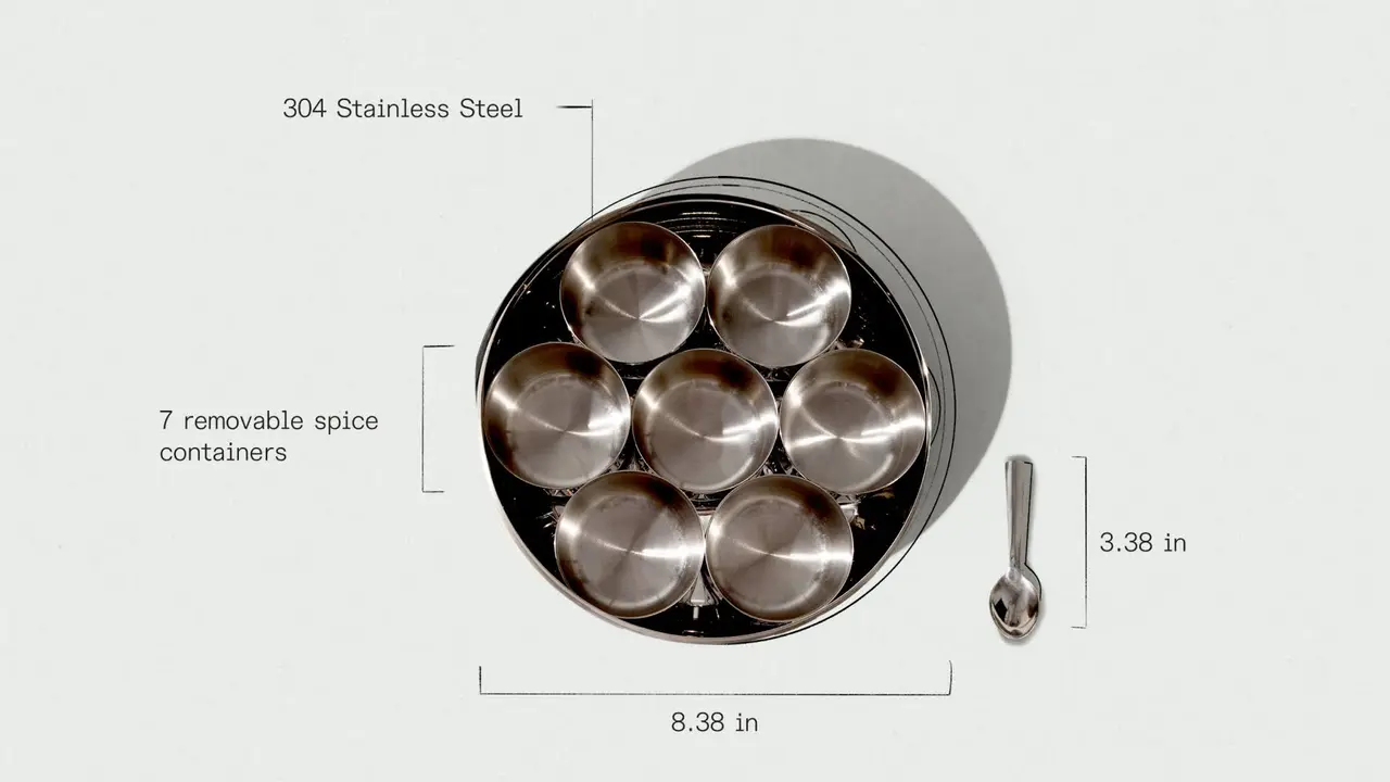 A stainless steel spice rack with seven removable containers is shown with dimensions indicated.