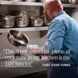 A chef interacts with cookware in a kitchen, highlighting the importance of a 3QT saucier with the quote by Chef Evan Funke.