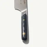 A sleek kitchen knife featuring a stainless steel blade and a stylish blue marbled handle with gold accents.