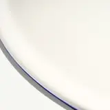 Close-up of a white plate with a thin blue rim on a light background.