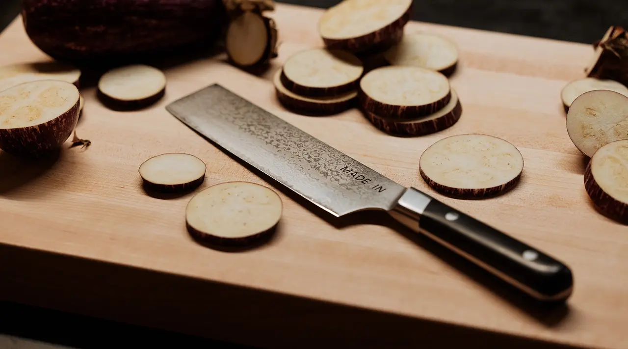 A kitchen knife lies next to sliced eggplant rounds on a wooden cutting board.