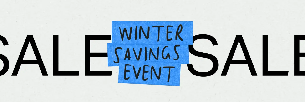 Winter Savings Event is highlighted on blue tape among the bold, repeated word "SALE."