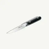 A sleek kitchen knife with a stainless steel blade and a black handle featuring two metal rivets.