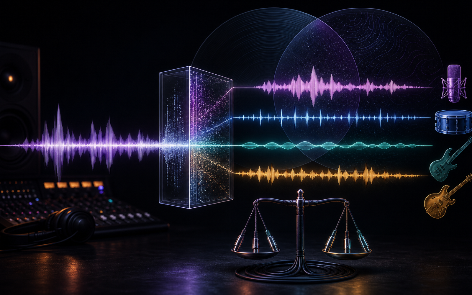 A mixed recording separated into four colored audio stems beside a balance scale made from studio cables