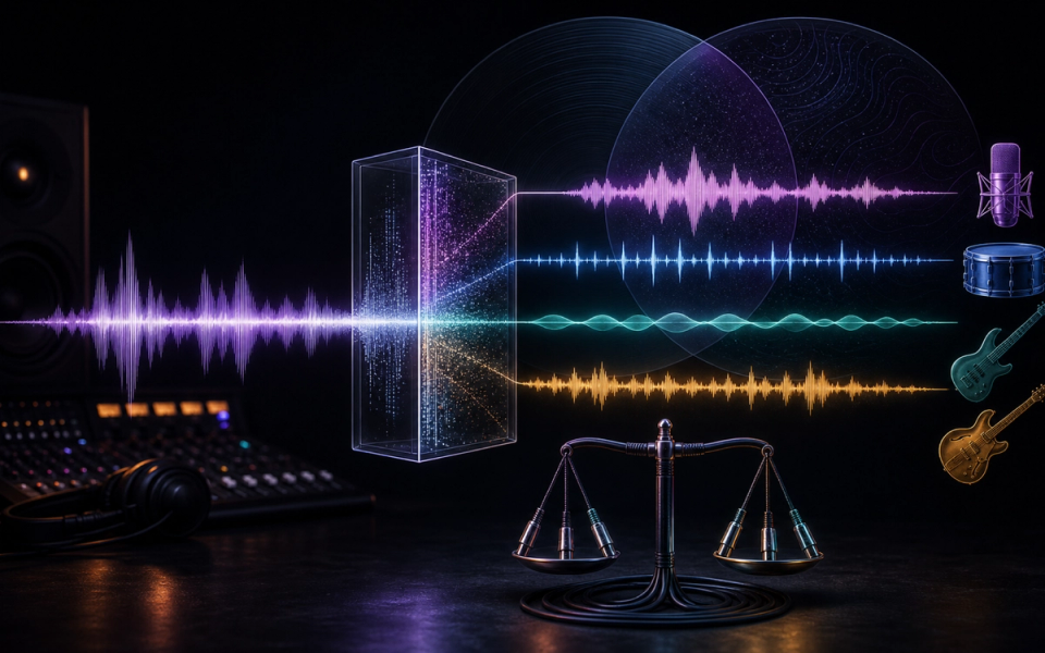 A mixed recording separated into four colored audio stems beside a balance scale made from studio cables