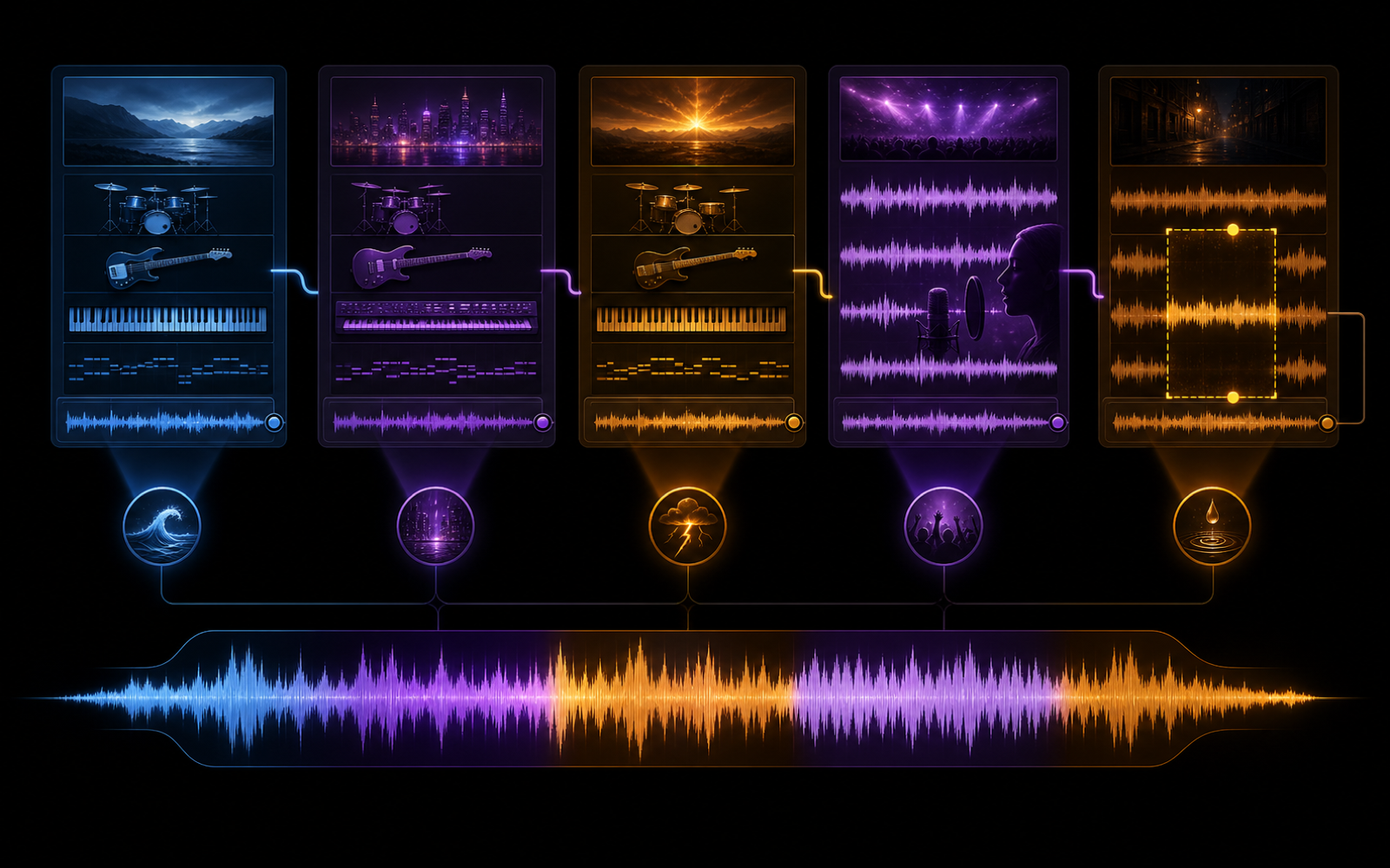 Visual map of structure, vocals, section editing, and review in Music v2